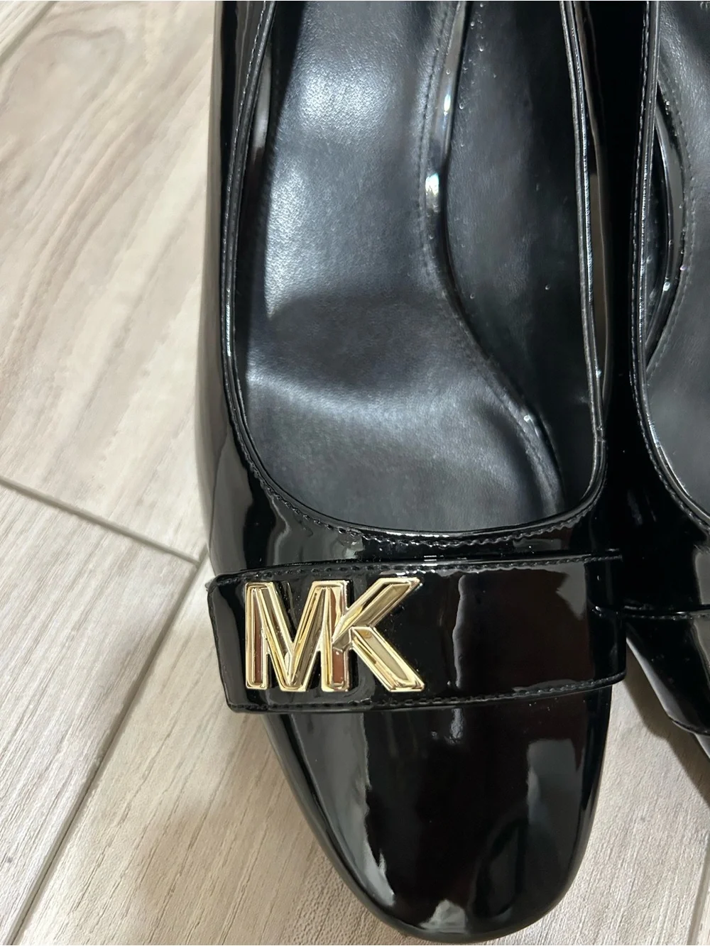 Michael Kors Black Patent Leather Heeled Loafers with Gold MK Accent